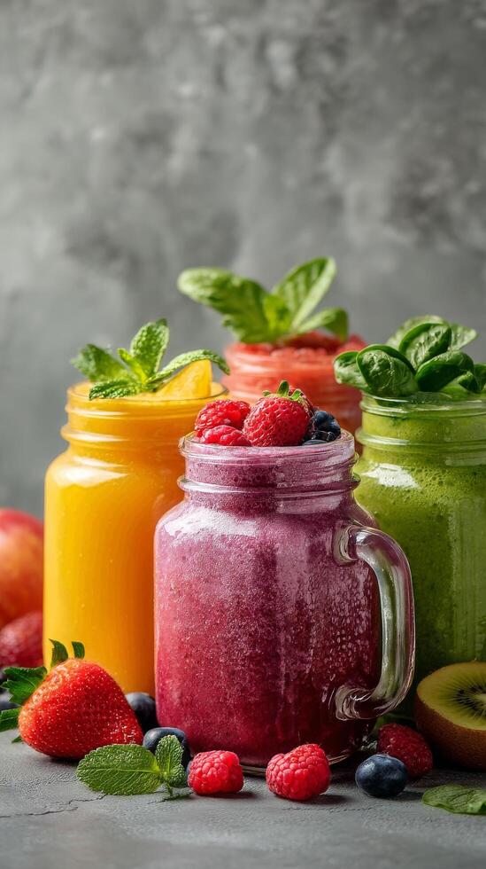 Refreshing Fruit Smoothies in Glass Jars With Mint Leaves and Fresh Berries on a Gray Background photo