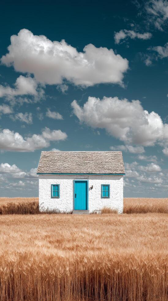 Charming White House With Turquoise Door in Vast Golden Field Under Bright Blue Sky photo