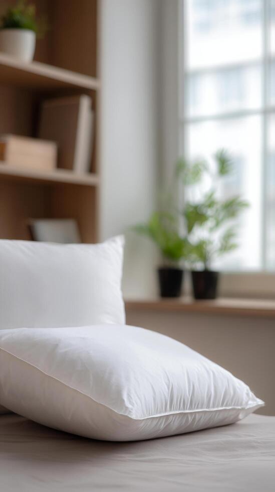 Cozy White Pillows Stacked on a Bed in a Bright and Peaceful Room With Houseplants. photo