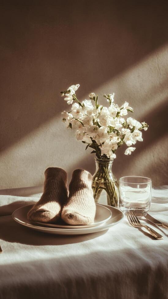 Cozy Morning Set With Handmade Socks and Fresh Flowers on a Dining Table in Soft Sunlight photo