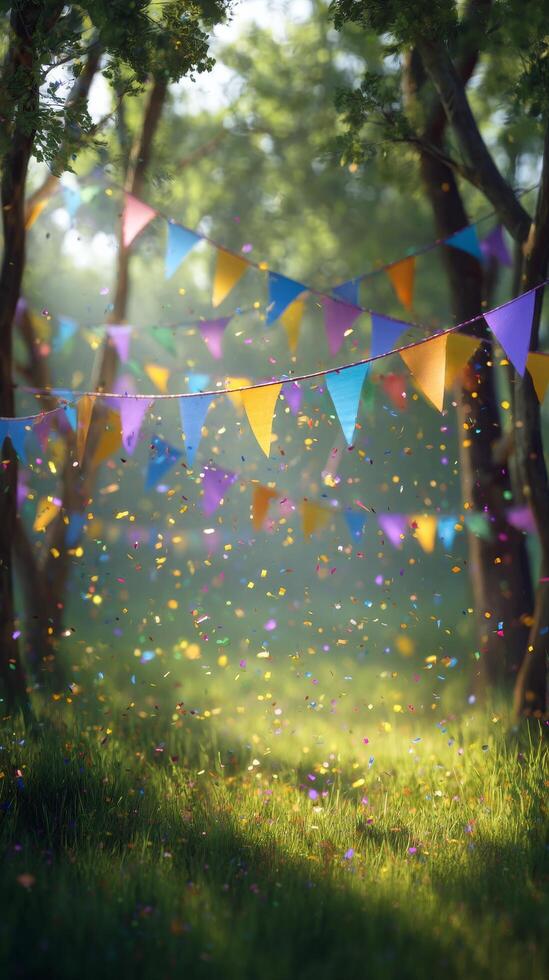 Colorful Party Decorations Fill a Serene Forest Setting During a Festive Celebration in Daylight photo