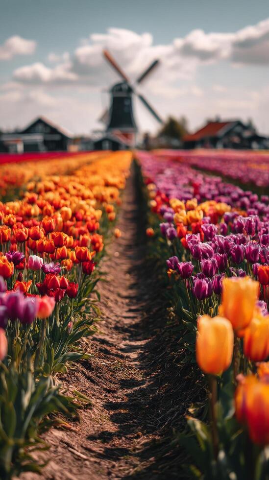 Colorful Tulip Fields in Spring With Windmill in the Background Capturing the Essence of the Landscape. photo