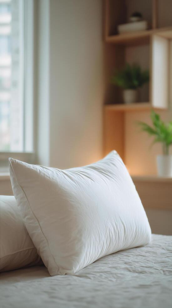 Cozy Bedroom With White Pillows on a Neatly Made Bed in Soft Natural Light photo