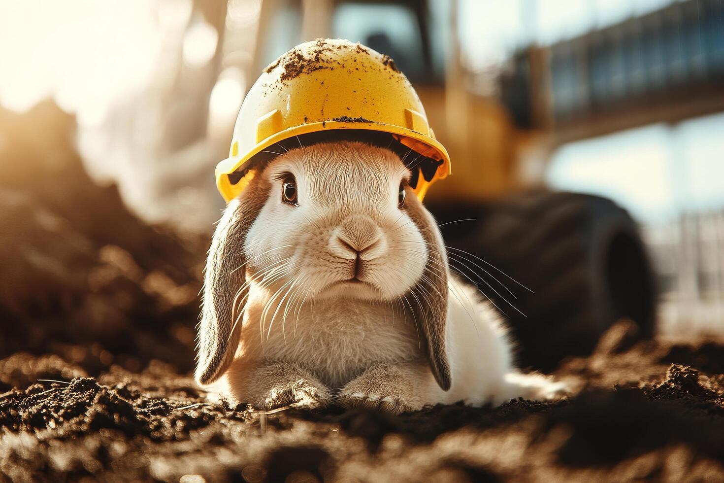 Rabbit Wearing Hard Hat on Construction Site With Machinery in Background and Sunlight Shining photo