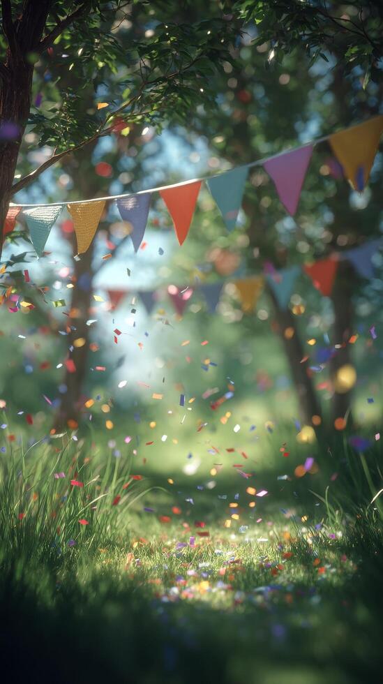 Colorful Party Decorations Fill a Serene Forest Setting During a Festive Celebration in Daylight. photo