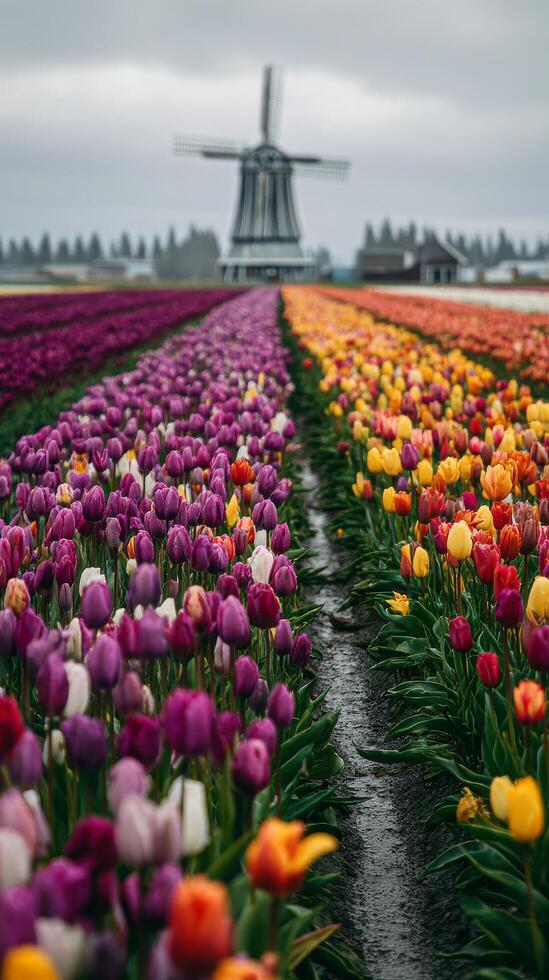 Colorful Tulip Fields With Windmill Under Cloudy Skies in Spring Season photo