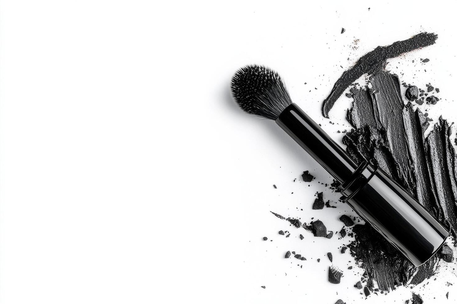 Black Mascara Tube With Brush and Makeup Residue on a Neutral Background. photo