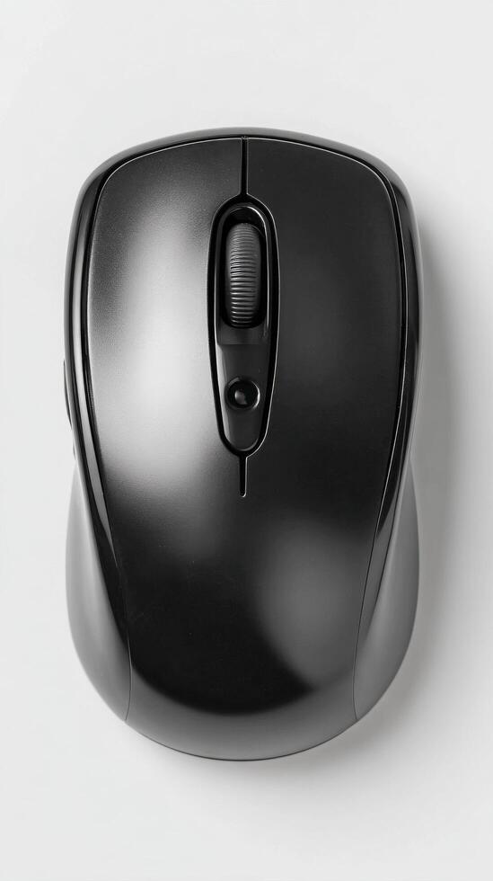 Black Computer Mouse on White Background Showing Sleek Design and Functionality photo