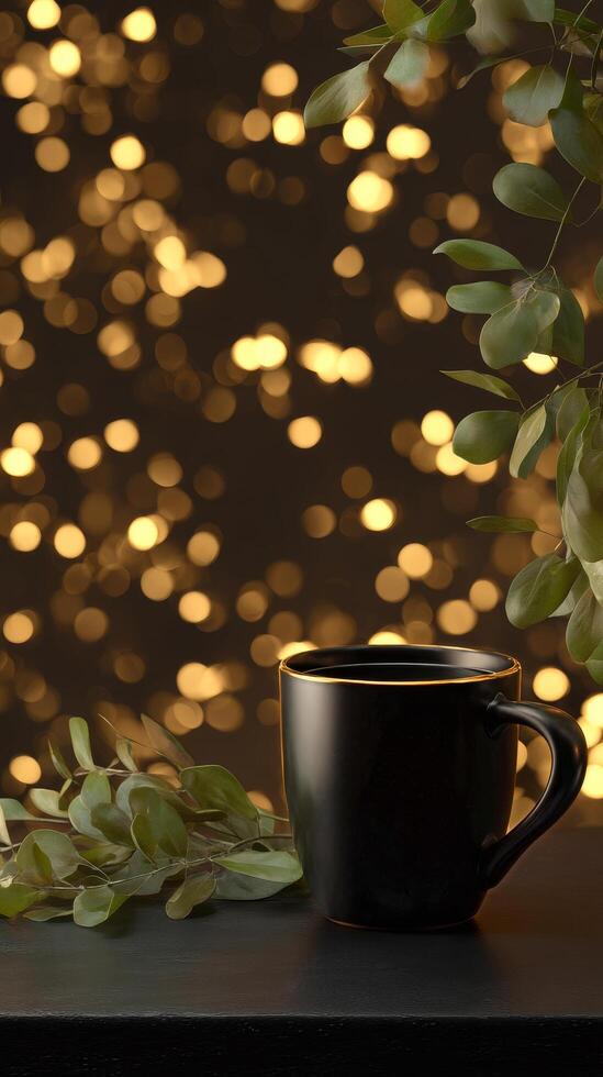 Warm Beverage in a Black Mug Beside Green Foliage With Blurred Bokeh Lights in the Background at Evening. photo