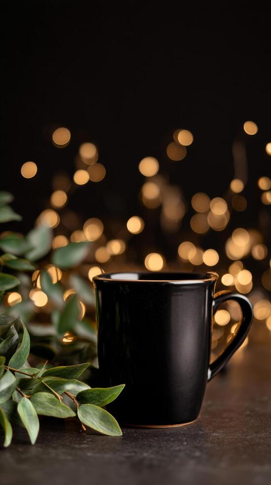 Warm Beverage in a Black Mug Beside Green Foliage With Blurred Bokeh Lights in the Background at Evening photo