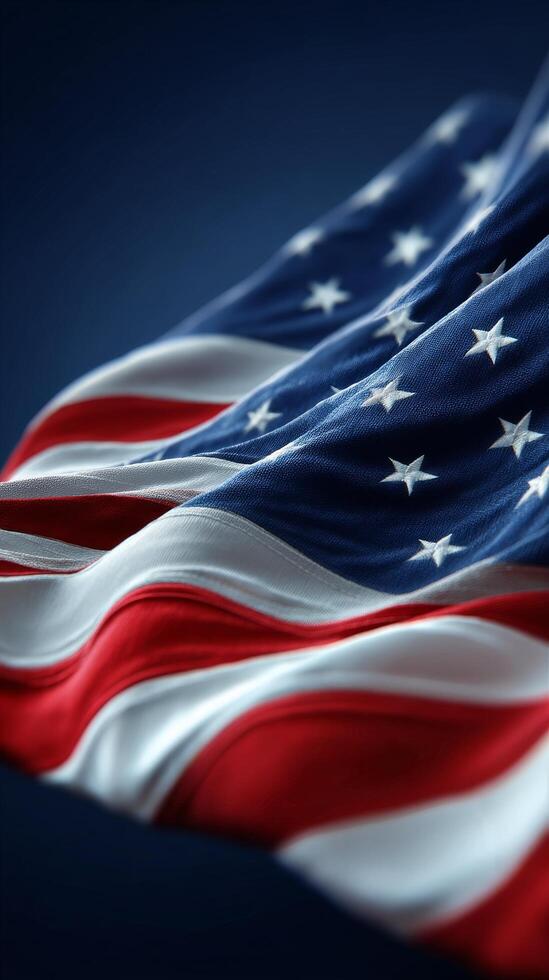 American Flag Draped Elegantly Against a Blue Backdrop Displaying Rich Colors and Textures. photo