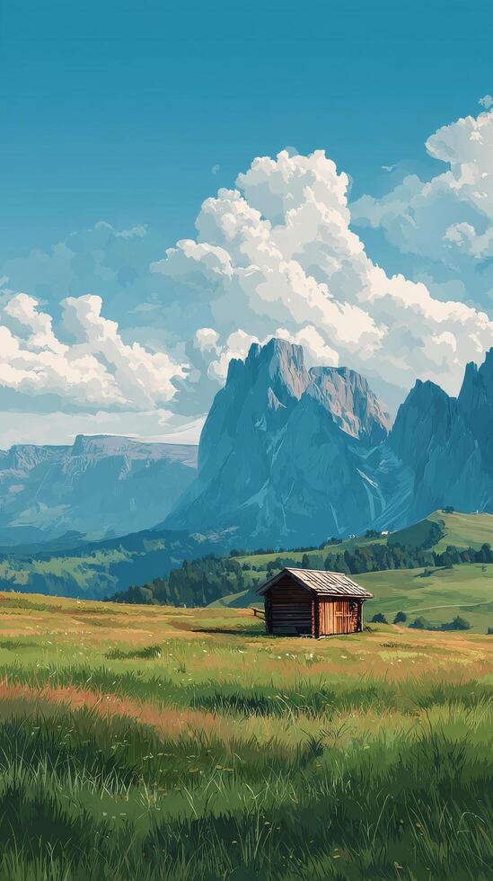 Mountain Landscape Features a Cabin Surrounded by Lush Fields Under a Blue Sky. photo