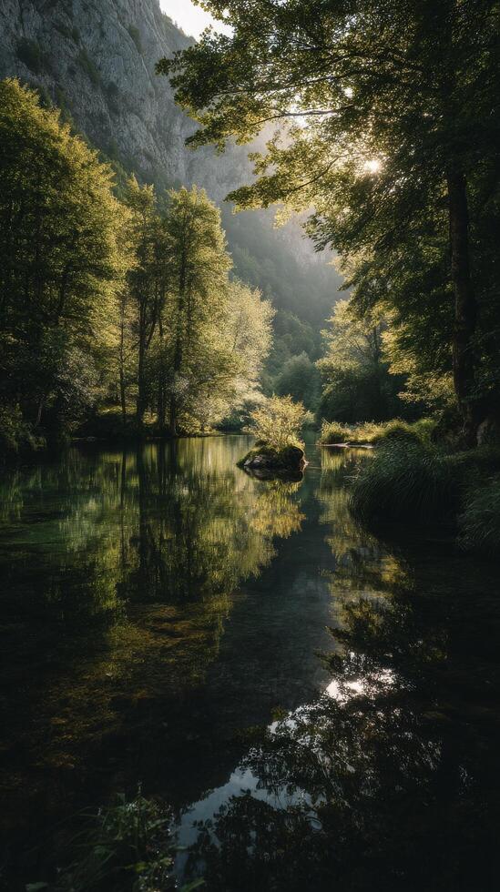 Tranquil Forest Reflection in a Serene River Surrounded by Lush Greenery at Dawn photo