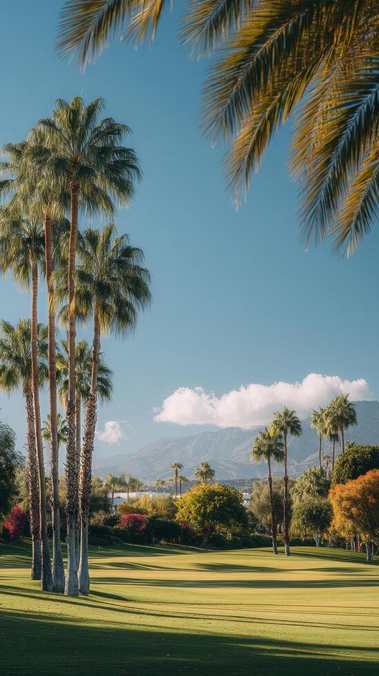Scenic View of Palm Trees and Serene Waterway at a Golf Course in Warm Sunlight. photo
