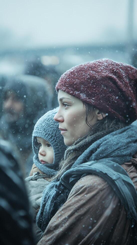 Woman Holding Child in Winter Weather During a Refugee Gathering in a Cold, Snow-Covered Landscape photo