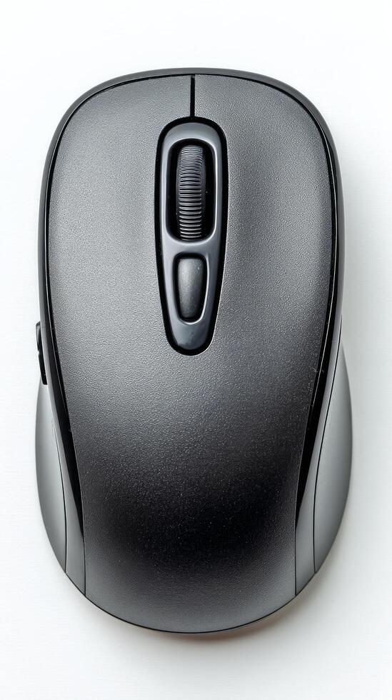 Black Computer Mouse on White Background Showing Sleek Design and Functionality. photo