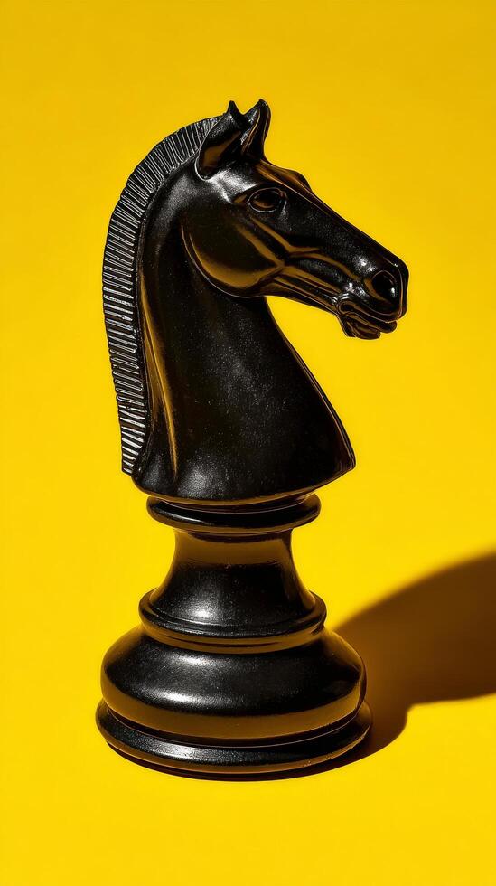 Black Chess Knight Piece Against Vibrant Yellow Background Creating Striking Visual Contrast. photo