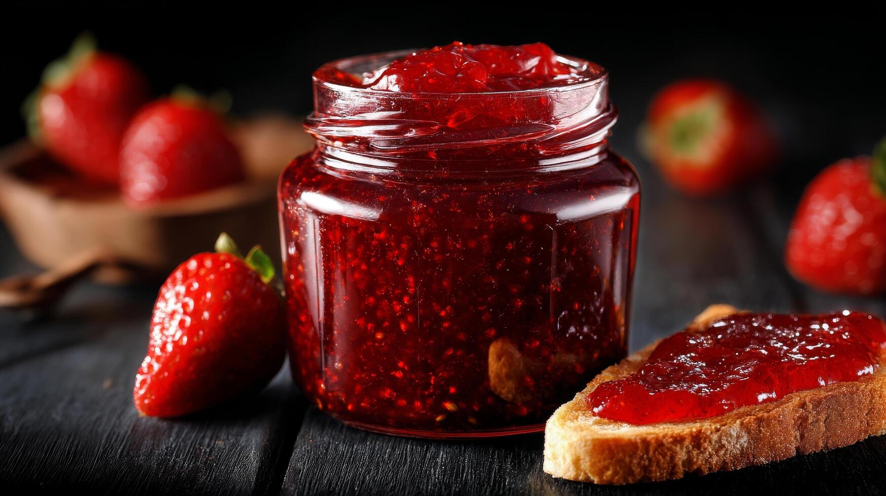 Delicious Strawberry Jam Jar With Fresh Strawberries and Toast on a Dark Background. photo