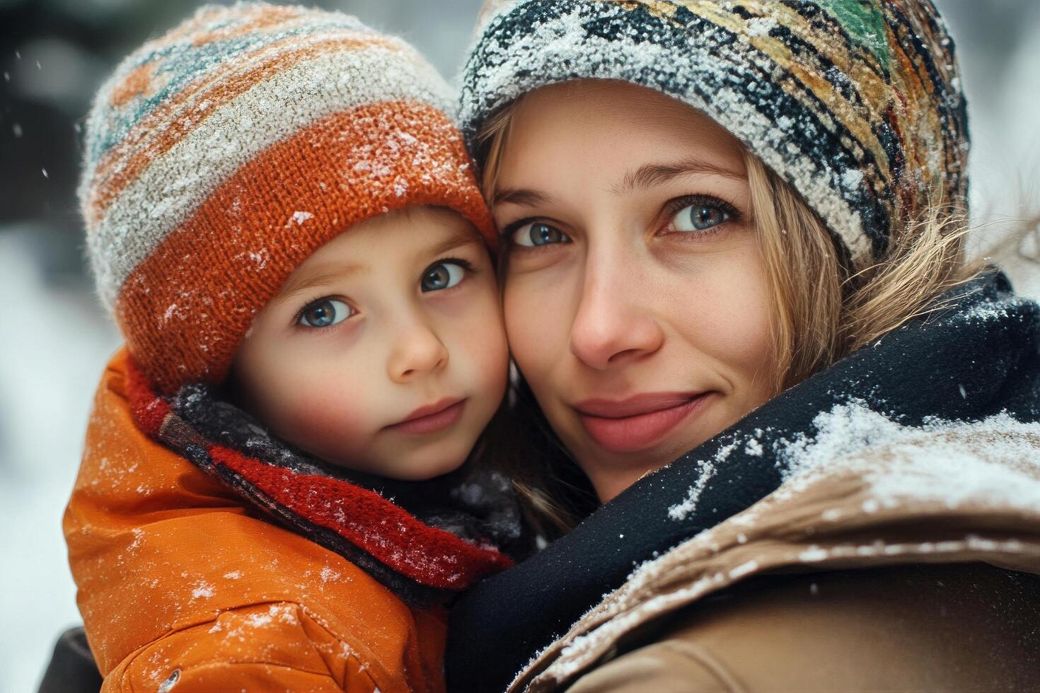 Embracing Winter Warmth With a Child in a Snowy Landscape During a Joyful Moment photo