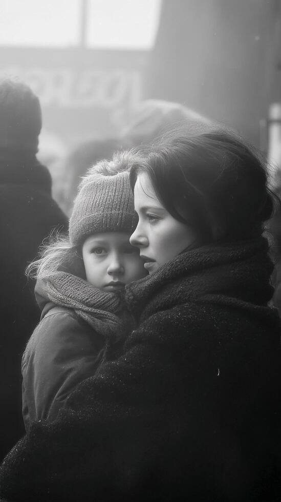 Mother and Child Share a Tender Moment in a Bustling Urban Setting During Winter photo