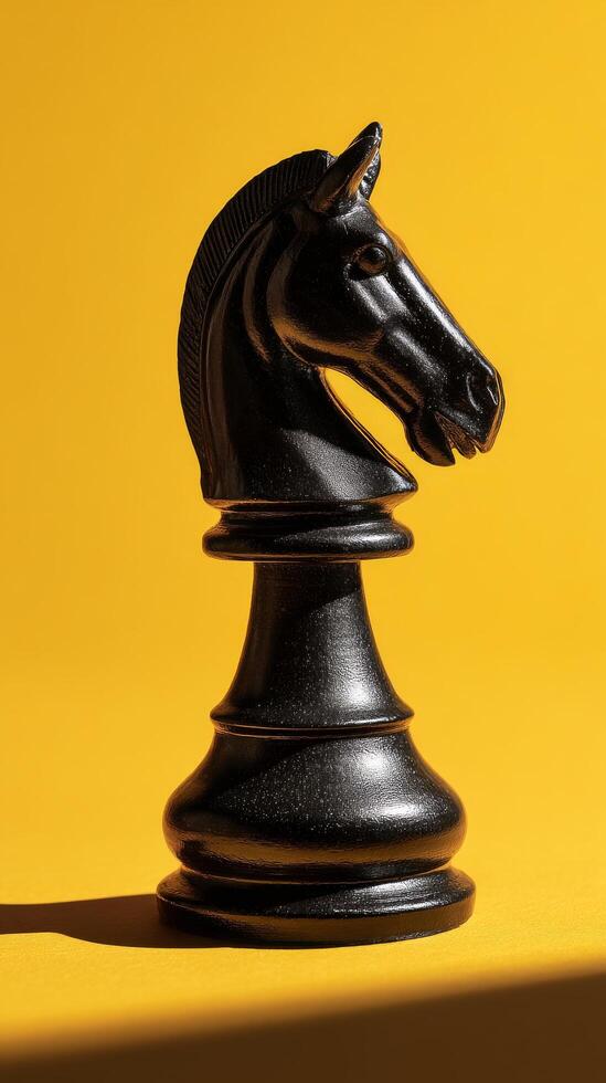 Black Chess Knight Piece on Vibrant Yellow Background Showcasing Unique Design and Shadow Details. photo
