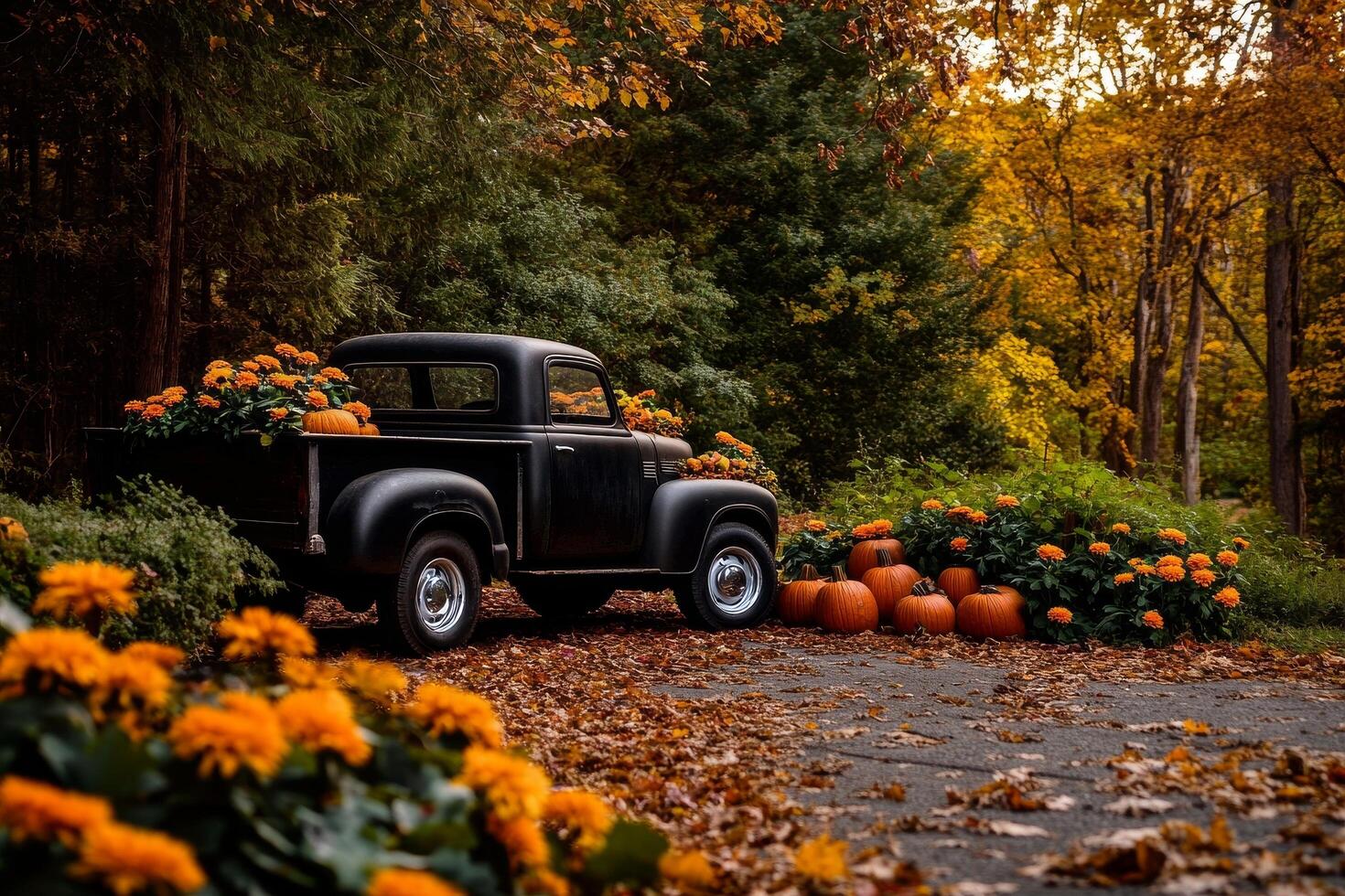 Old Truck Surrounded by Pumpkins and Flowers in a Colorful Autumn Setting photo