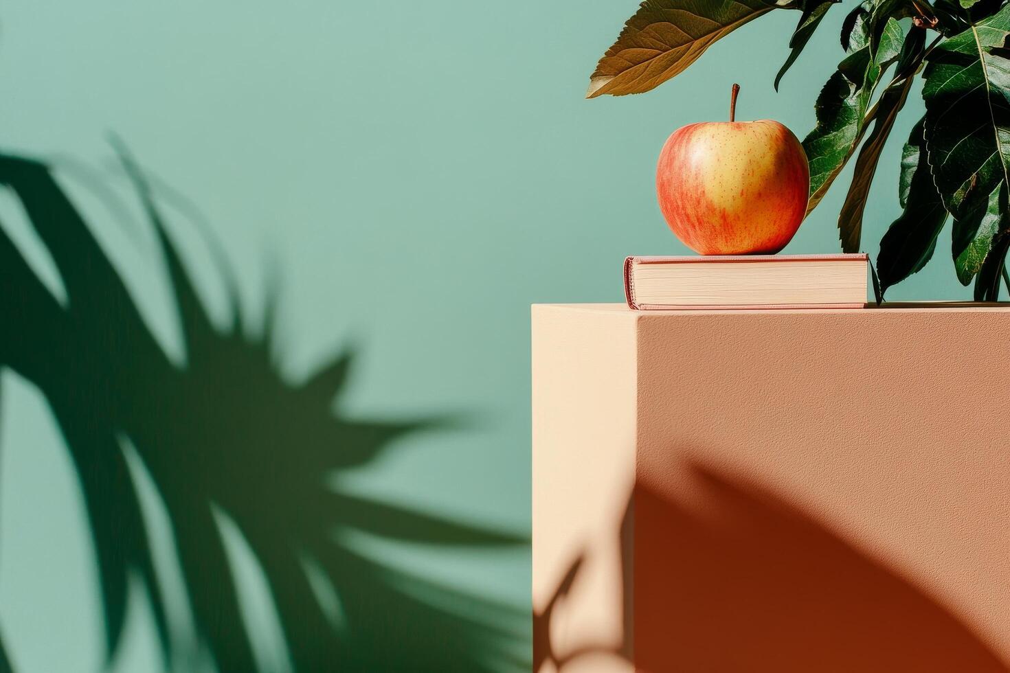 Fresh Apple on a Green Pedestal With a Warm Background Showcasing Simplicity and Elegance. photo
