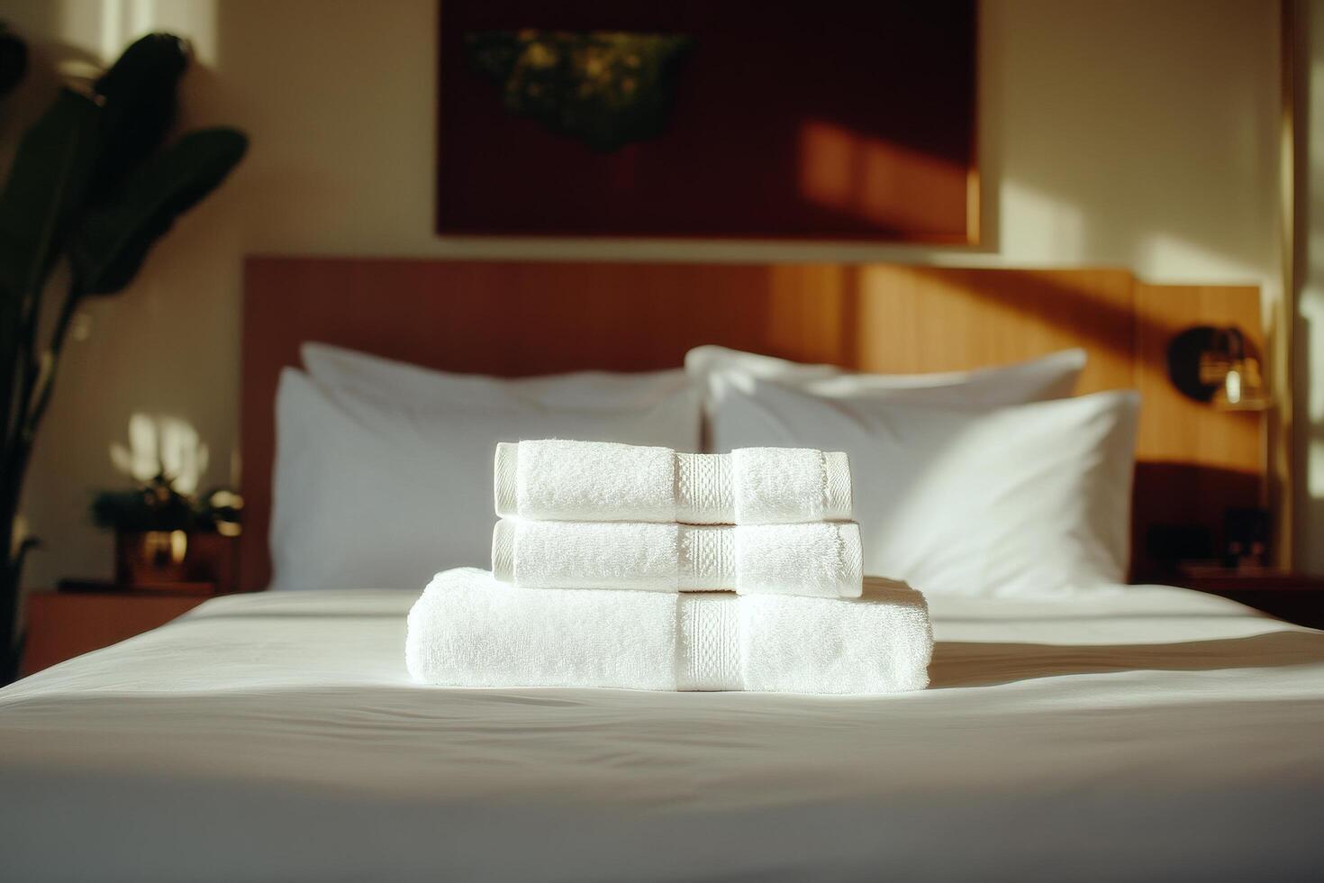 Luxurious White Towels Stacked on a Hotel Bed With Sunlight Streaming Through Large Windows. photo