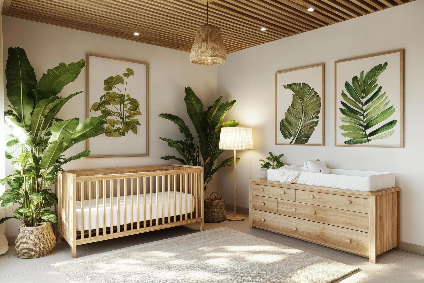 Modern Nursery Design Featuring a Crib and Changing Table With Greenery for a Soothing Atmosphere photo
