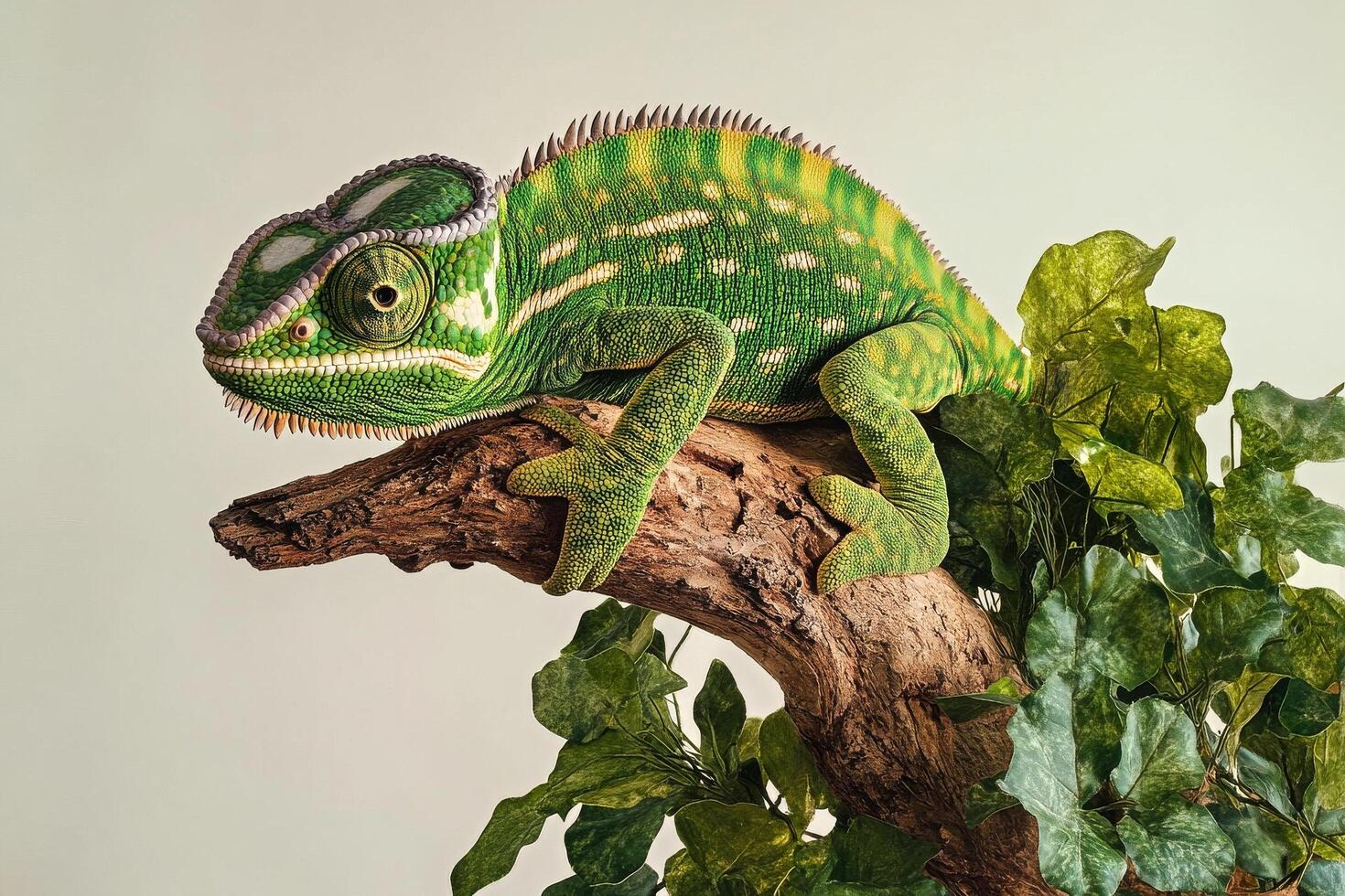 Colorful Lizard Relaxing on Branch Surrounded by Green Leaves Indoors photo