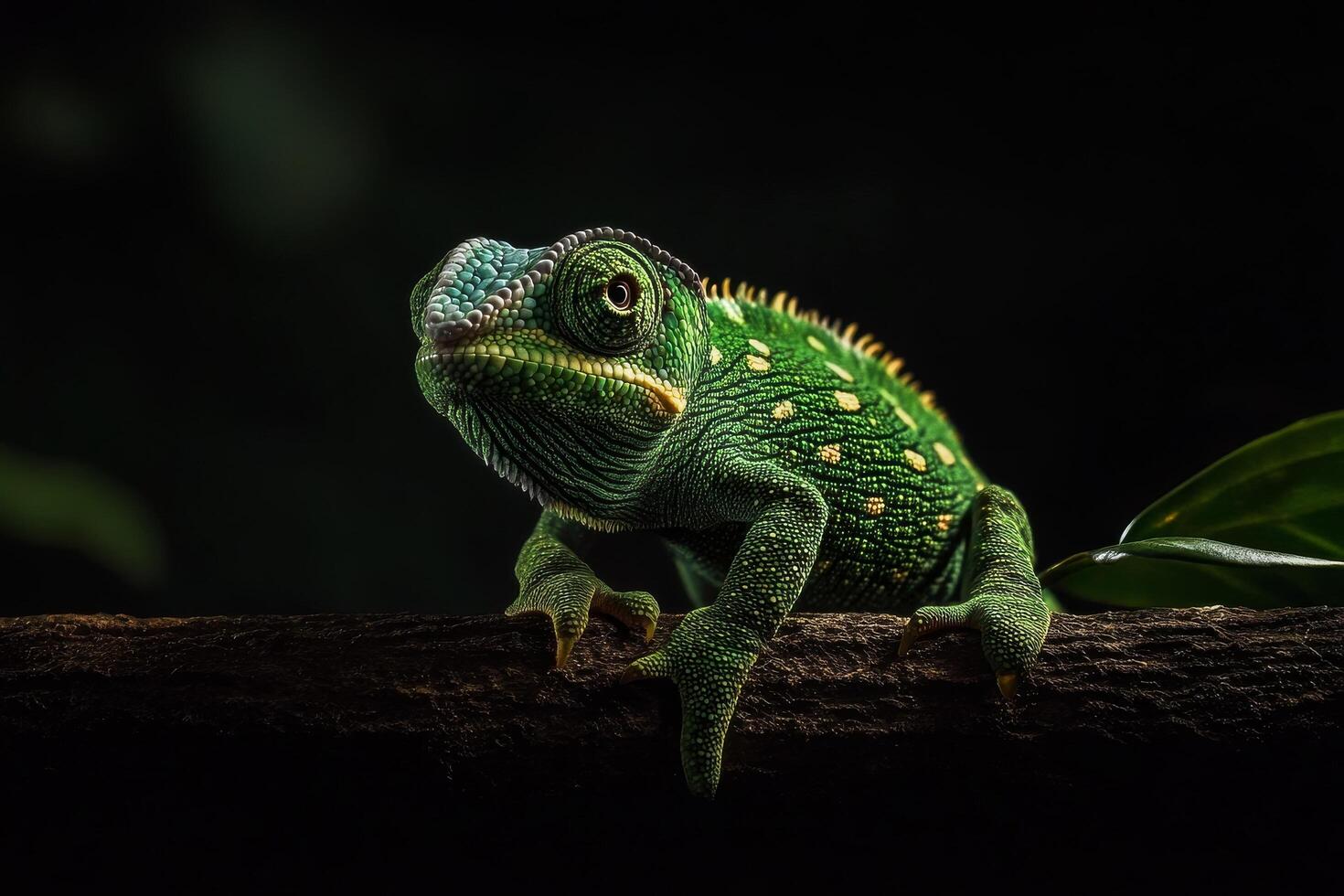 Colorful Green Lizard Perched on Branch Surrounded by Vibrant Leaves in a Close up View. photo