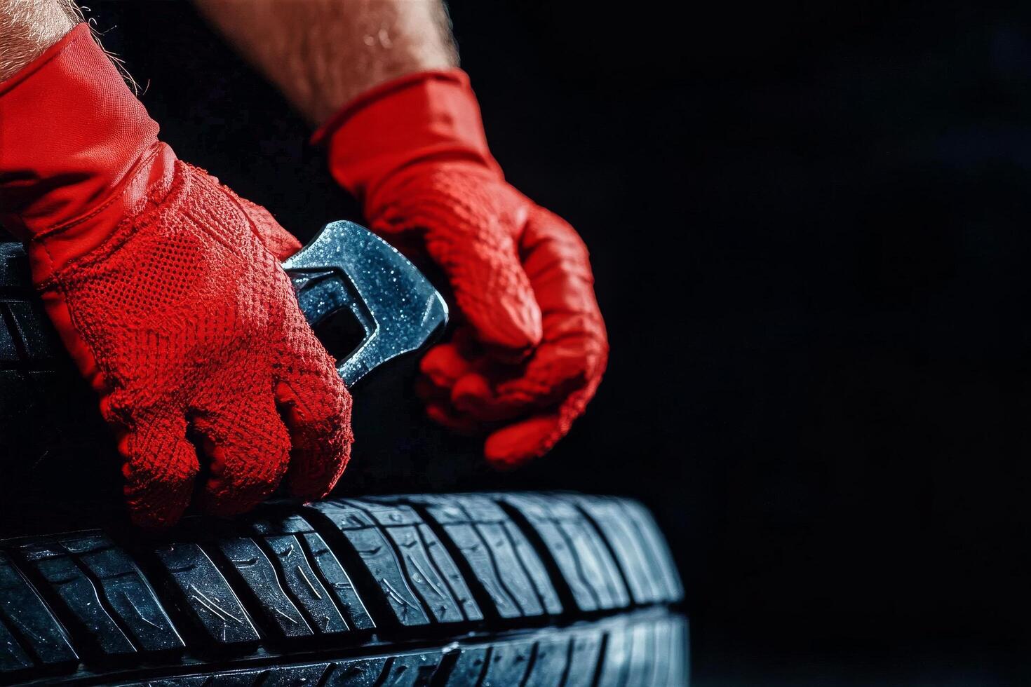 Car Mechanic Working on Tires With Gloves and a Wrench in Workshop at Night. photo