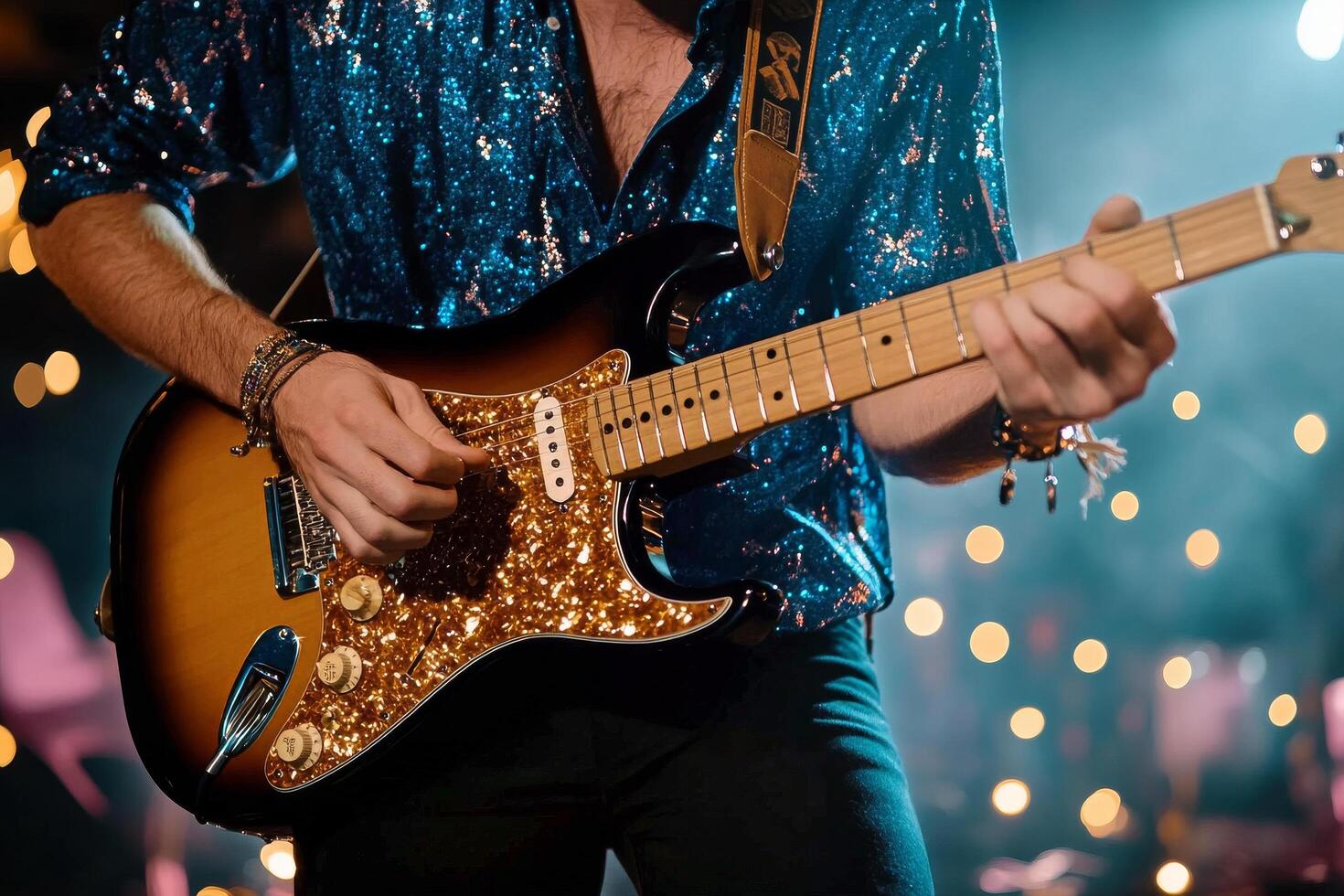 Musician Performs Passionately on Stage During Live Concert in Vibrant Lighting. photo