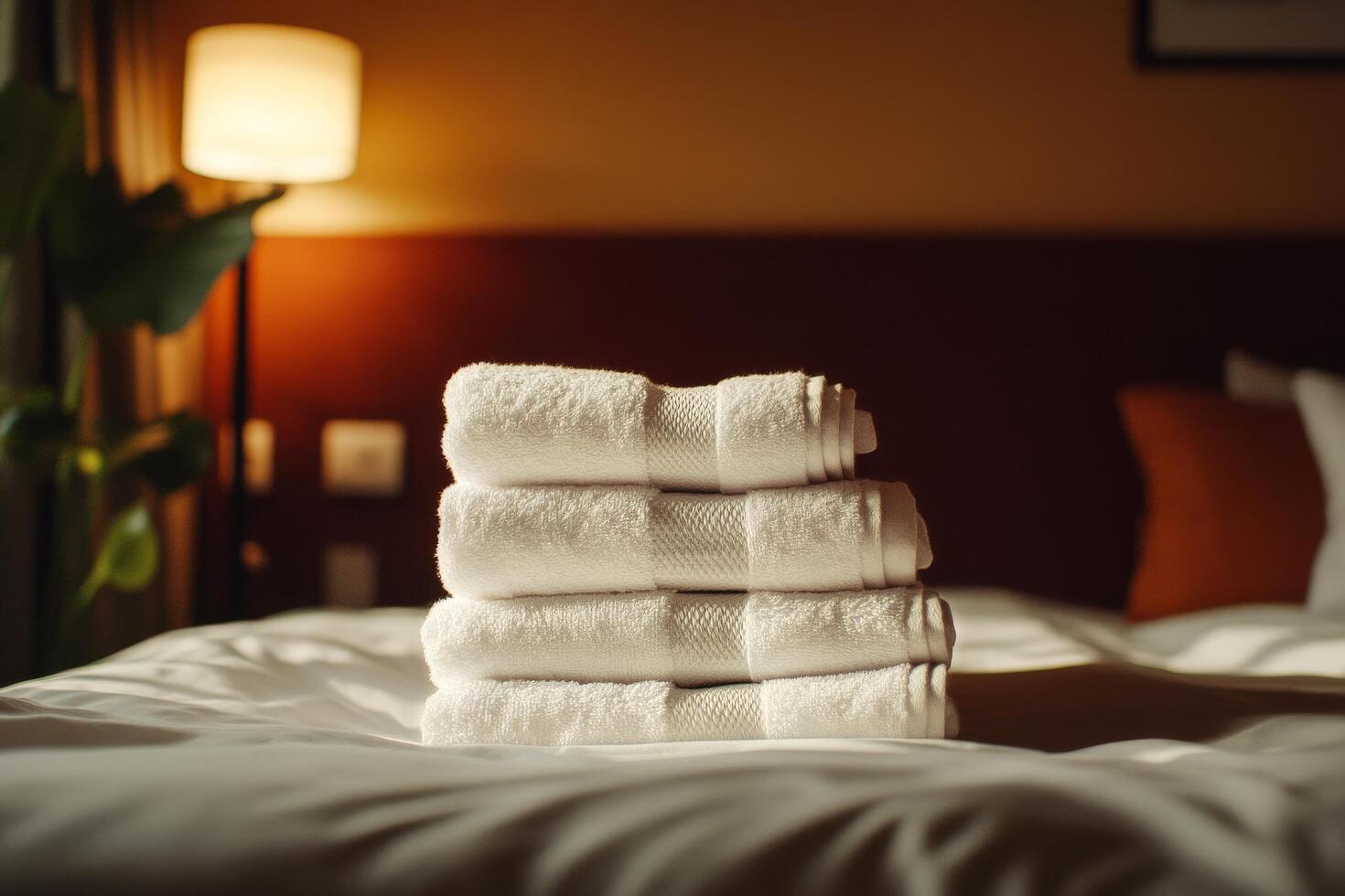 Soft White Towels Stacked Neatly on a Hotel Bed With Warm Lighting in the Evening photo