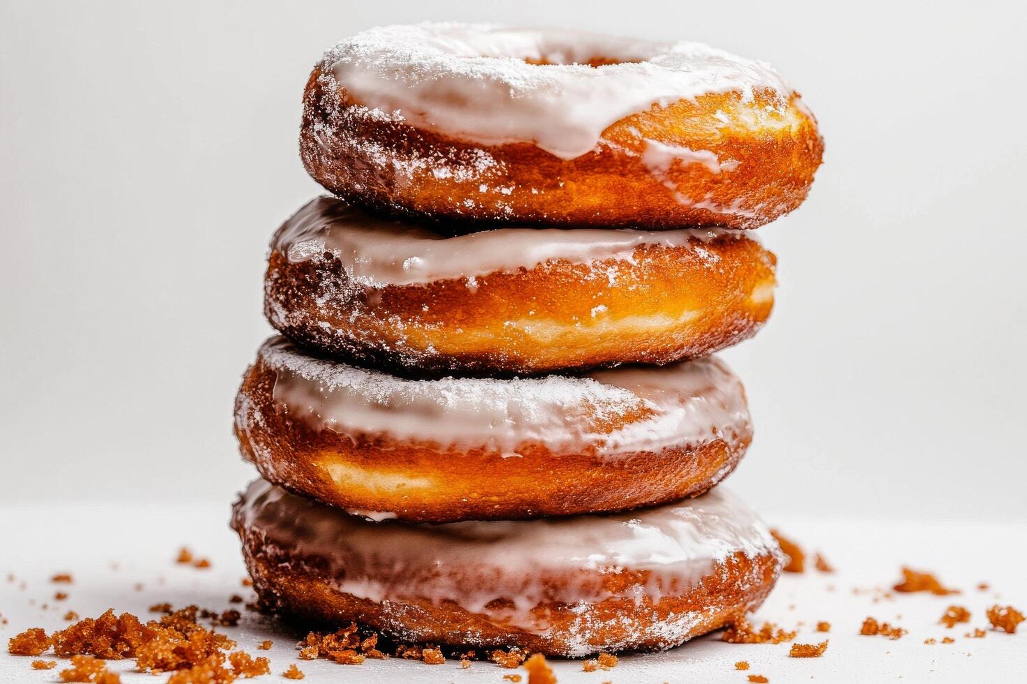 Delicious Stack of Glazed Donuts on a White Surface With More Donuts in the Background. photo