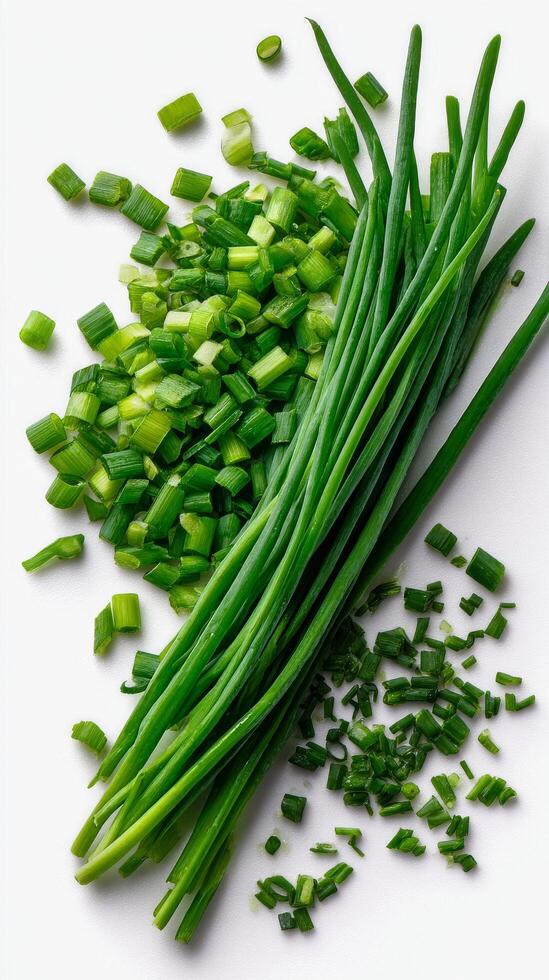 Freshly Chopped Green Onions and Spring Onions Arranged Neatly on a White Background photo