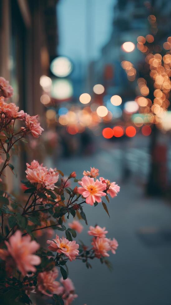 Evening Stroll Along a City Street Adorned With Blooming Pink Flowers and Sparkling Lights photo