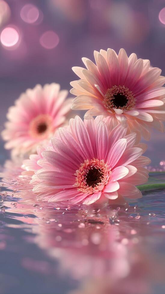 Pink Gerbera Daisies Floating on Calm Water With Soft Bokeh Effect During Evening Light photo