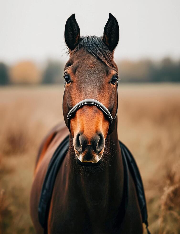 Brown Horse Standing in a Grassy Field During Early Morning Light With Soft Background Details photo