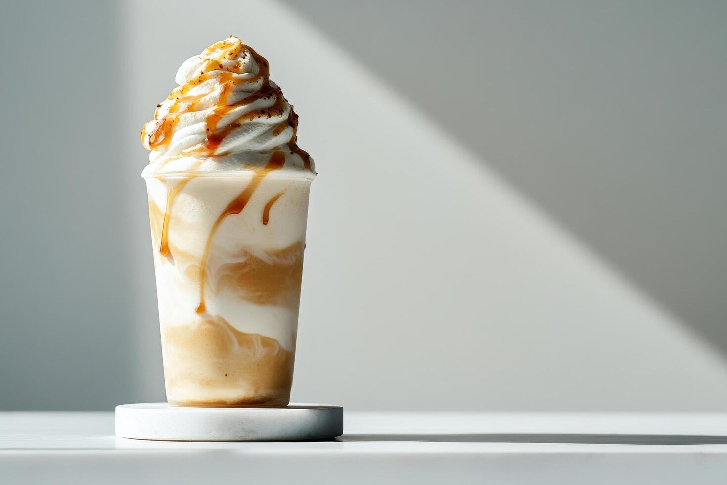 Creamy Caramel Swirl Dessert Served in a Clear Cup on a White Table With Soft Light photo