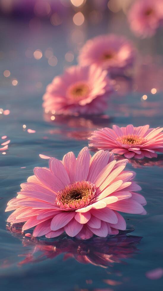 Pink Daisies Floating on Water Create a Serene Atmosphere in a Tranquil Setting. photo