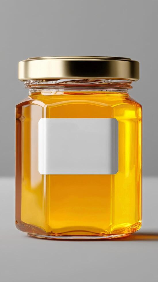 Natural Honey in a Clear Glass Jar With a Gold Lid Displayed on a Gray Background photo