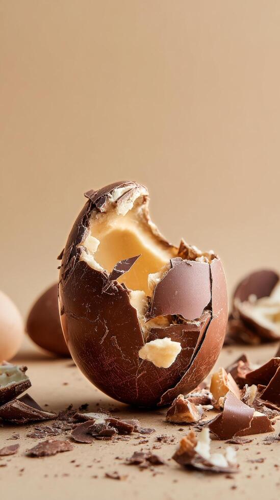 Cracked Chocolate Egg With Creamy Filling on a Neutral Background in a Playful Display photo