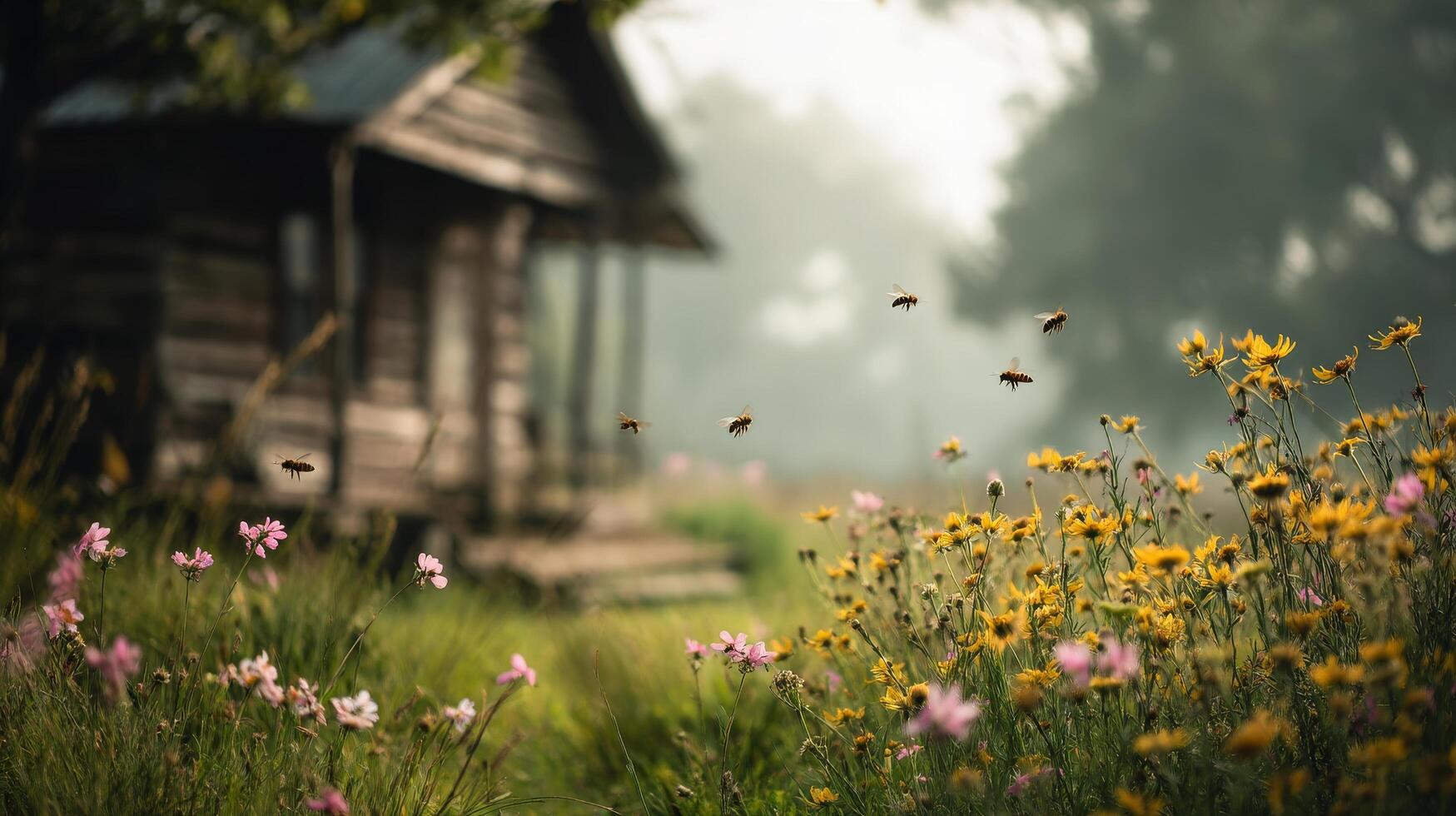 Bees Buzzing Around Wildflowers Near a Rustic Cabin at Sunset in a Serene Countryside. photo