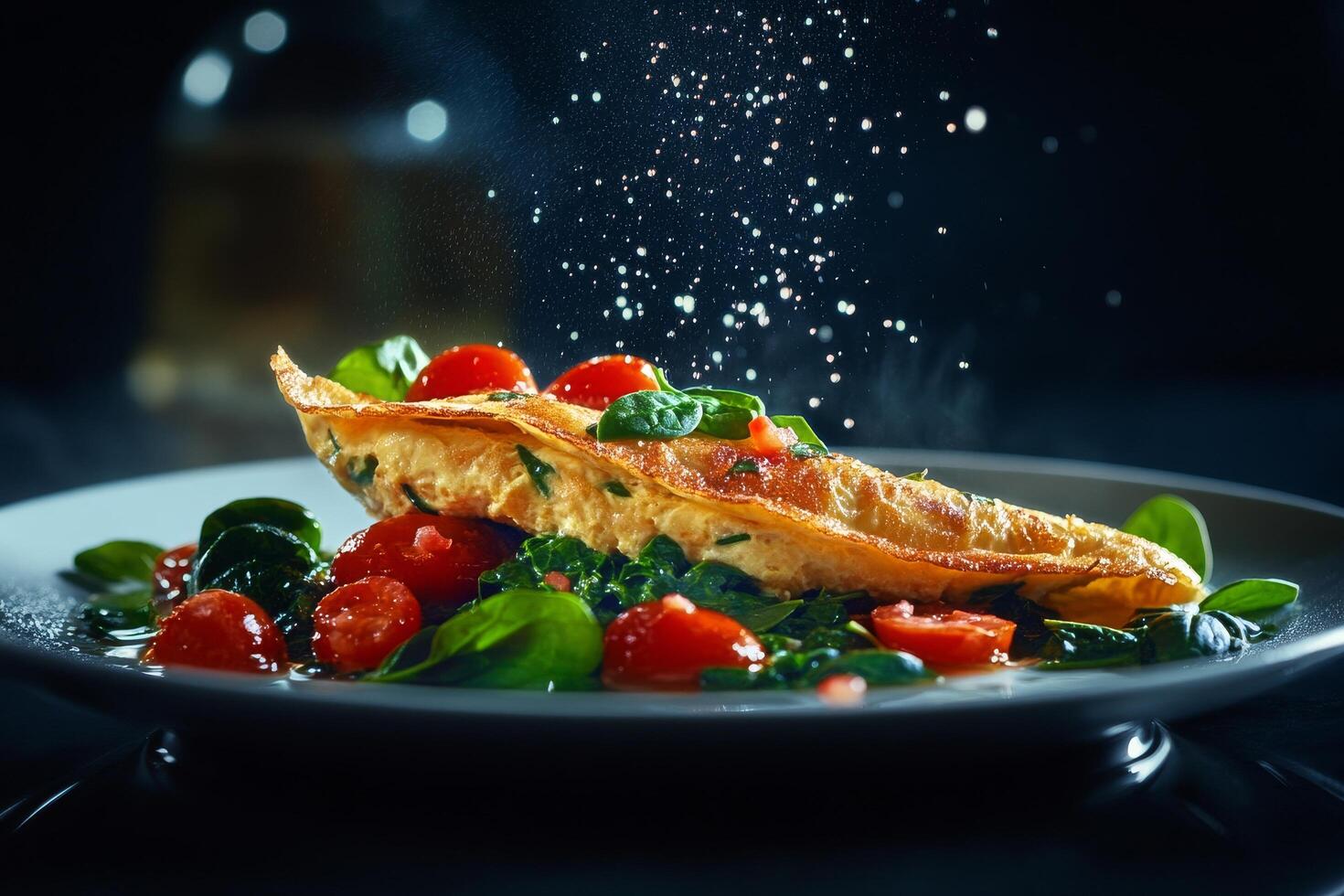 Delicious Spinach and Tomato Omelette Garnished With Herbs on a Dark Background photo