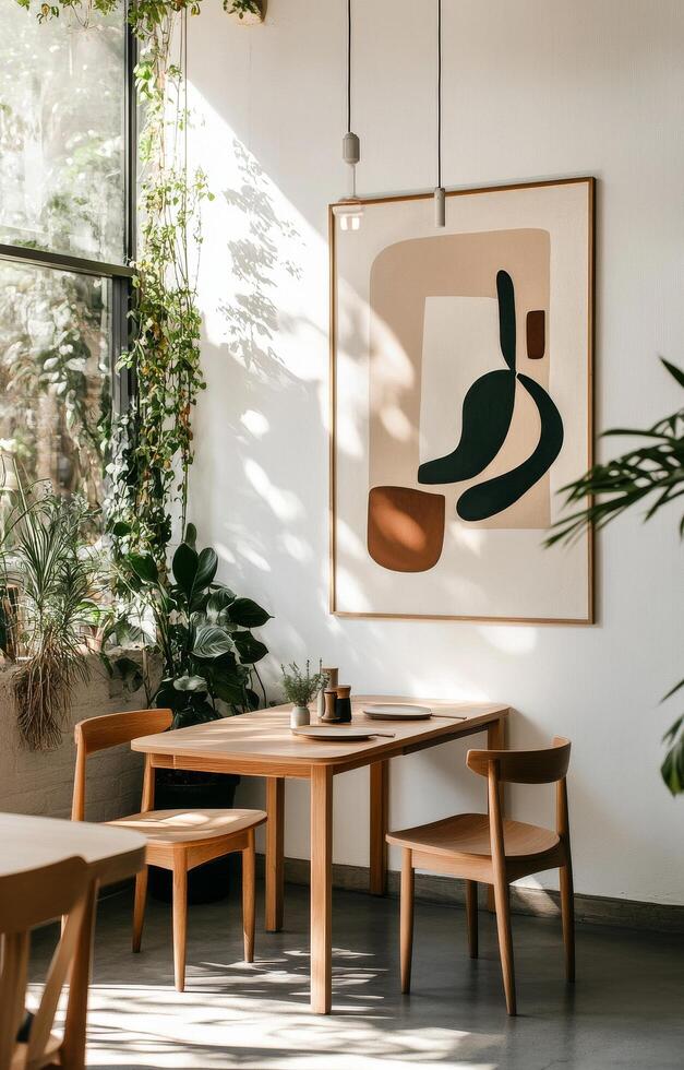 Modern Interior Design of a Cafe With Minimalist Style and Natural Lighting in a Cozy Urban Space photo