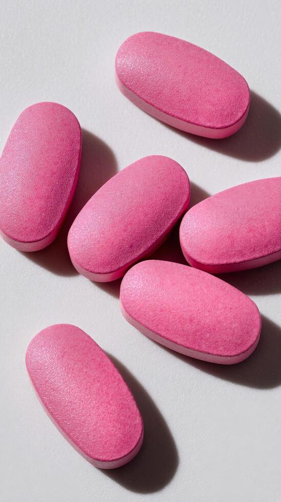 Vibrant Pink Tablets Scattered on a White Surface Showcasing Their Smooth Texture and Shape. photo