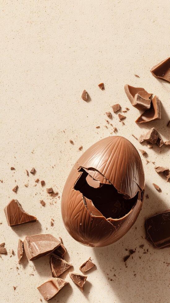 Chocolate Egg Broken Open With Pieces Scattered on Beige Surface Capturing Festive Delight photo