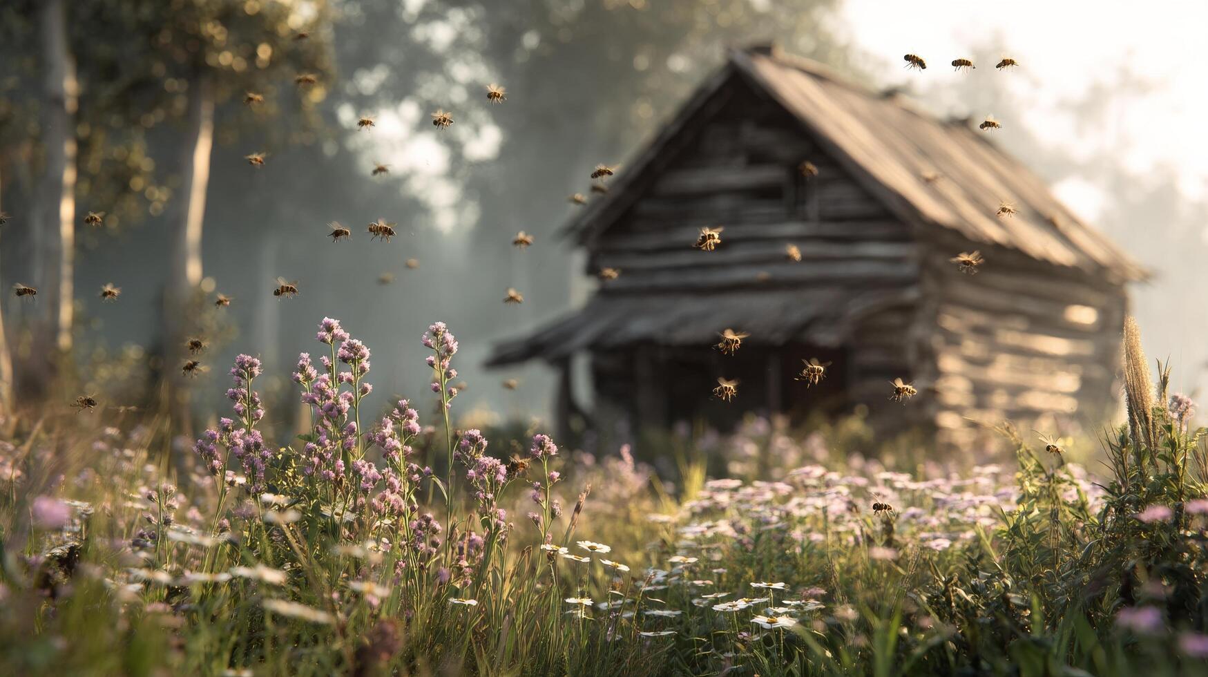 Bees Buzzing Around Wildflowers Near a Rustic Cabin at Sunset in a Serene Countryside photo