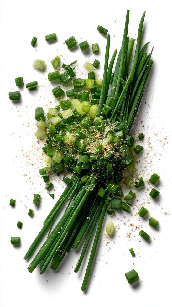 Freshly Chopped Green Onions Displayed on a Clean White Surface Ready for Culinary Use. photo